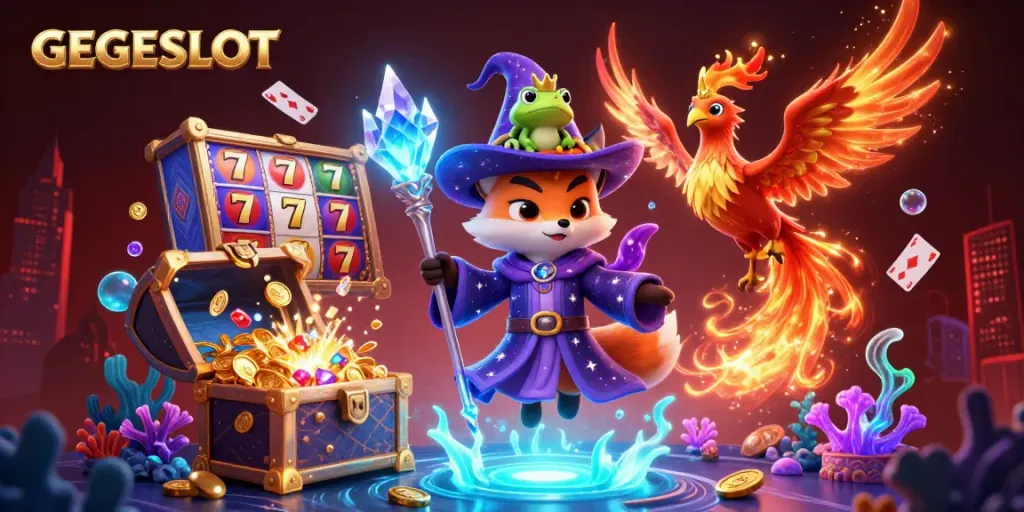 Engage with GEGESLOT in a vibrant 3D casino world featuring enchanting characters and dynamic gaming elements.