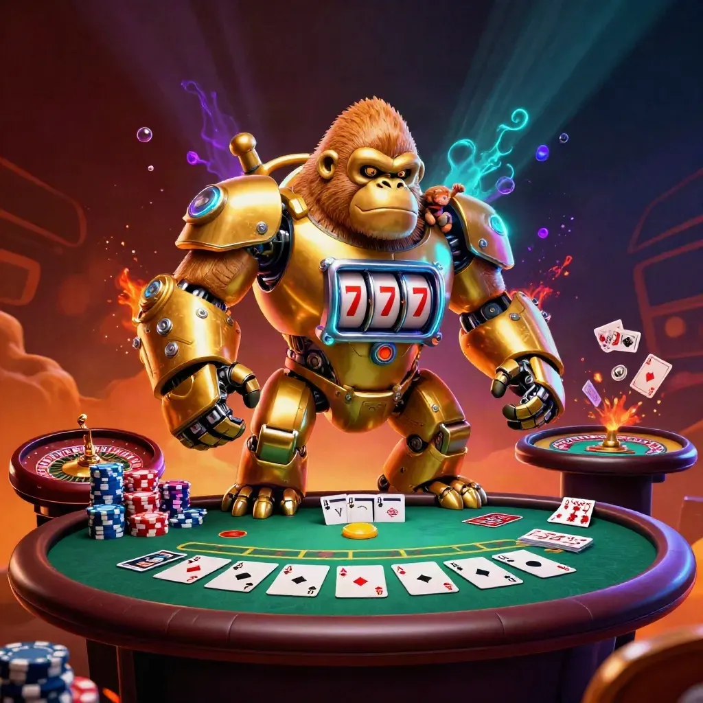 Golden gorilla mech with monkey pilot, casino table scatter, neon desert glow and triple-sevens chest reels