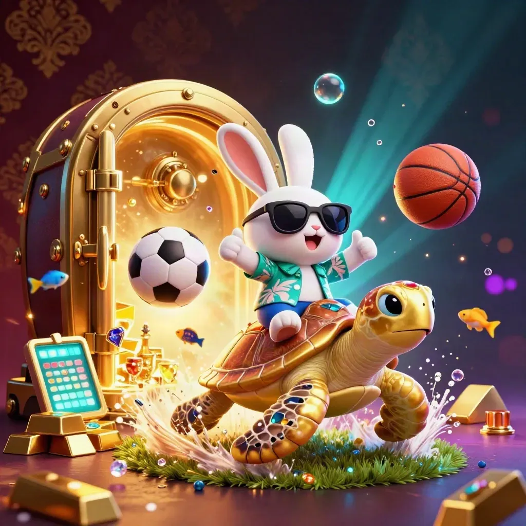 Lucky rabbit rides a jeweled turtle through gold, spray, fish, and casino glow.