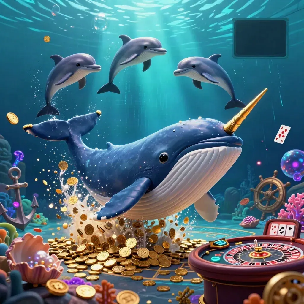 Cartoon whale captain, narwhal and dolphins amid coins, coral and casino relics underwater.