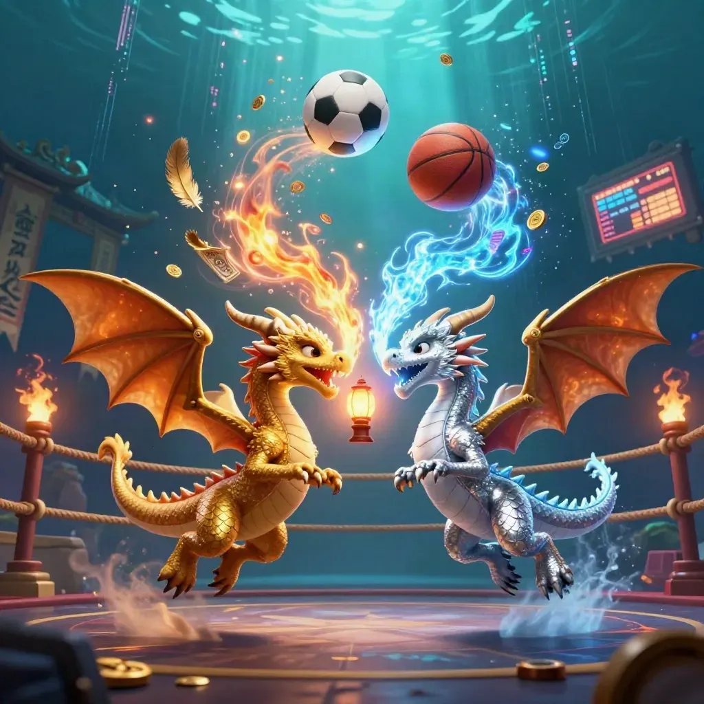 Gold and silver dragons swirl around balls, coins, and a lantern spirit in a neon teal casino scene.