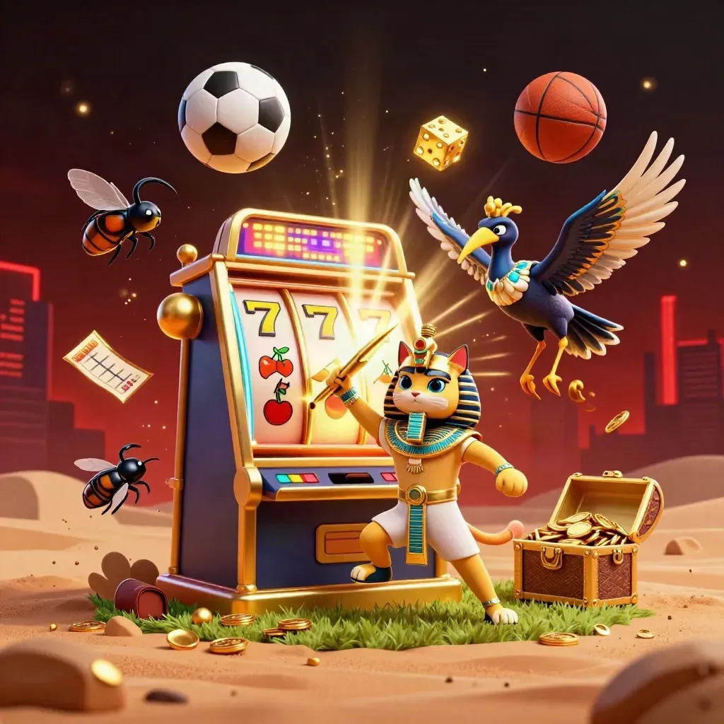 Pharaoh cat, ibis and scarabs amid jackpot slot, soccer ball and basketball in neon desert chaos