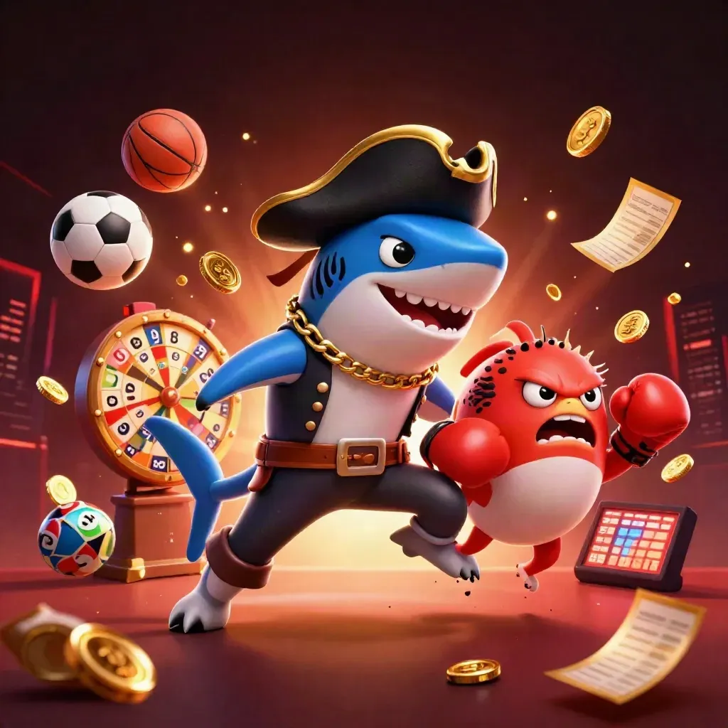 Shark pirate, boxing pufferfish, and juggling octopus amid casino icons and glowing lights.