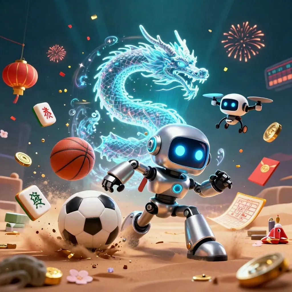 Chrome robot, holographic dragon, and coin drone amid sports balls and casino effects in neon desert glow.