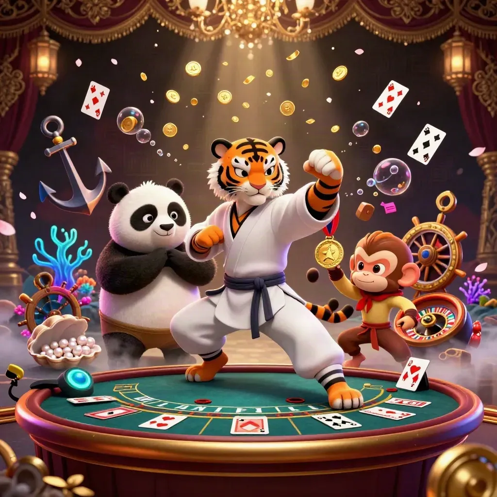 Kung-fu tiger, panda, and monkey amid treasure-cove casino lights and gold coins