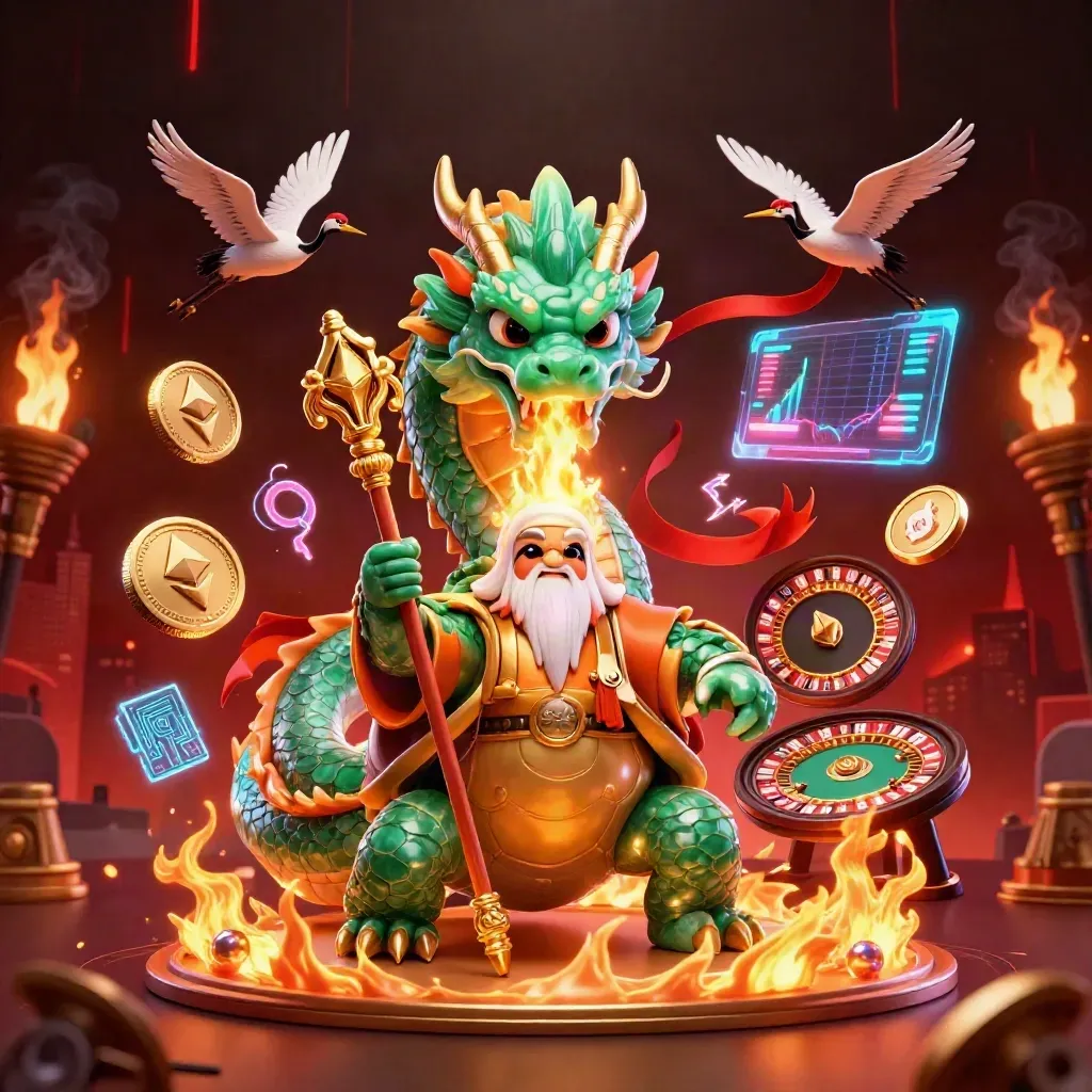 Jade dragon, turtle sage, and cranes amid casino tech glow, coins, smoke, and a spinning wheel.