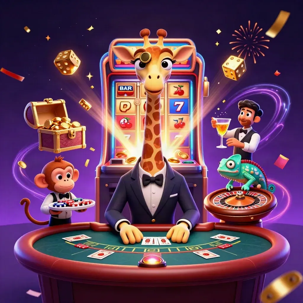 Giraffe high roller, monkey valet, and chameleon bartender amid slot symbols and casino glow.