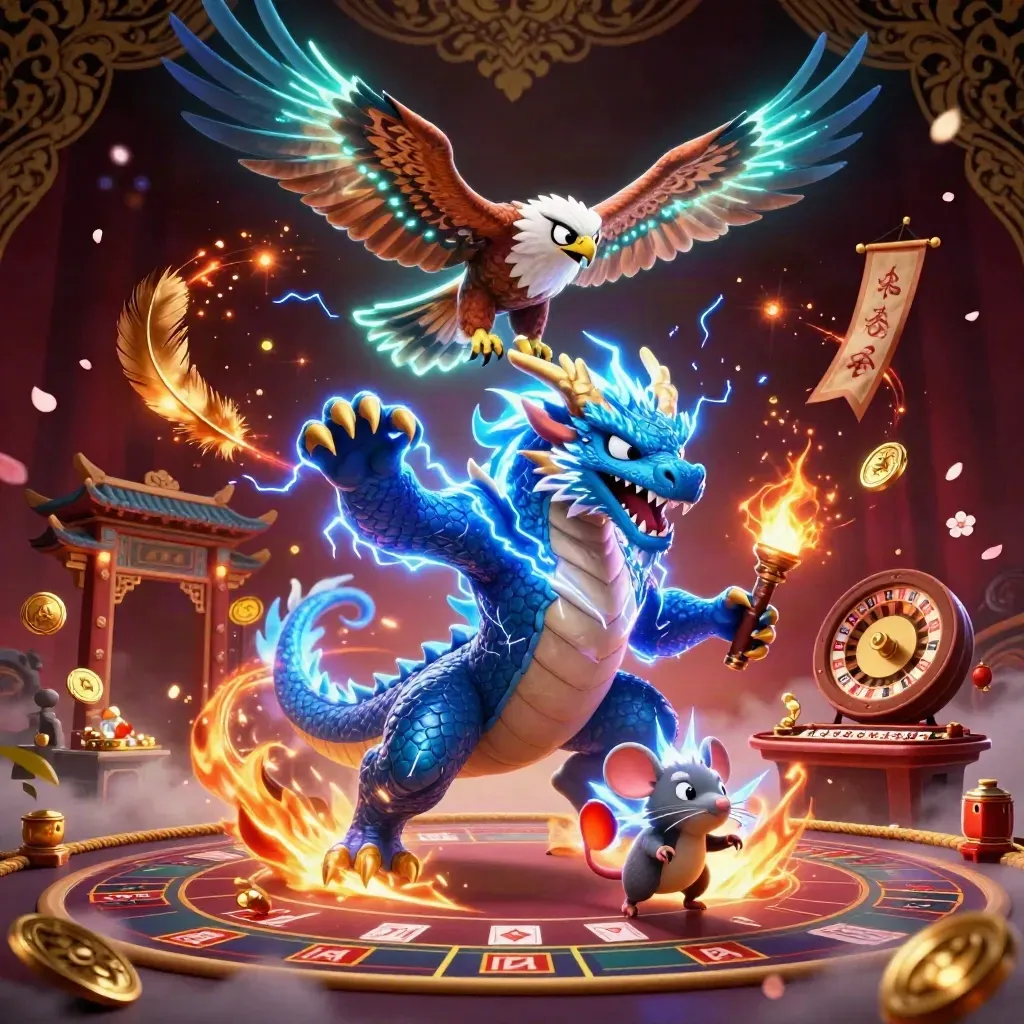 Thunder dragon, wind hawk and static mouse in a glowing desert casino scene.