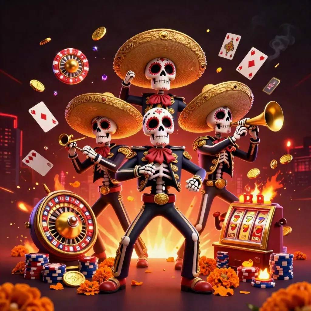 Skeleton mariachi trio amid coins, gems, roulette wheel, chips, and ember-lit desert casino glow.