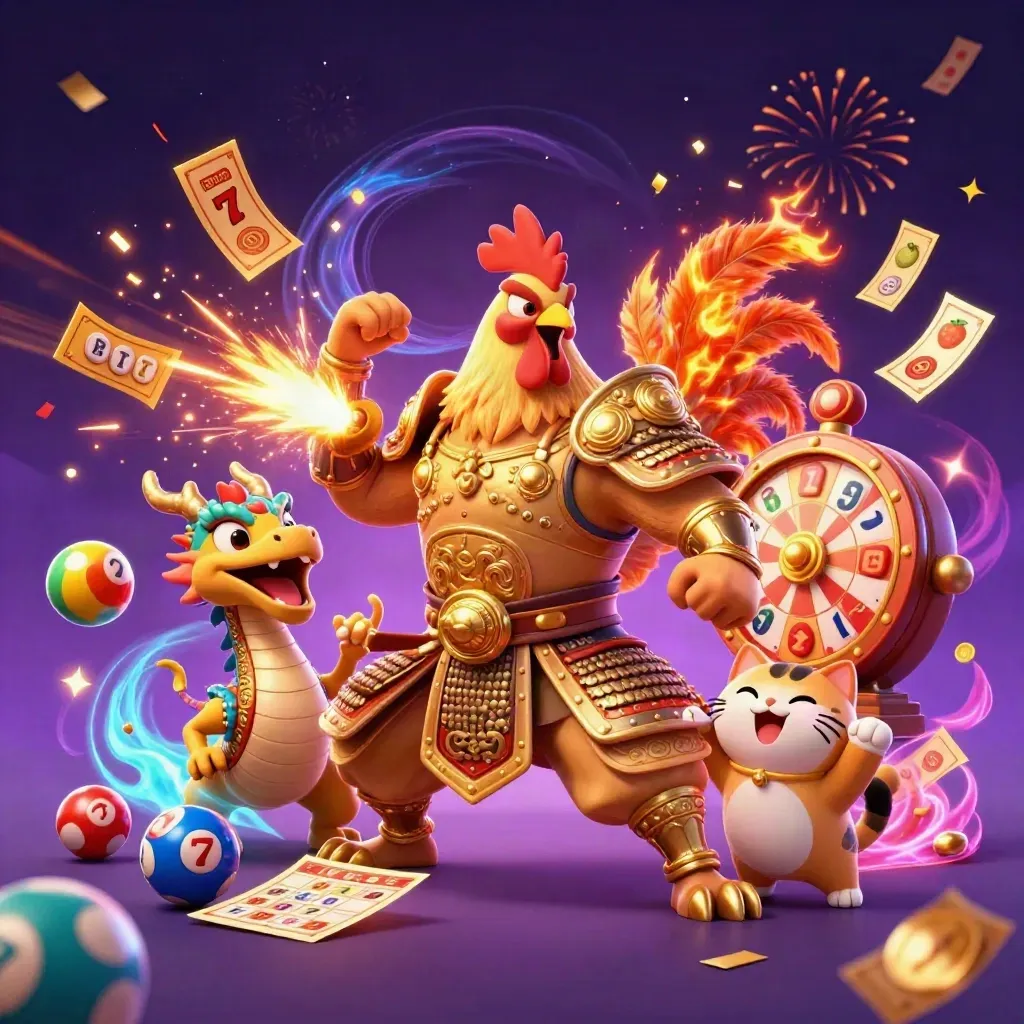 Rooster warrior, dragon hatchling, and fortune cat amid casino loot in neon desert glow.
