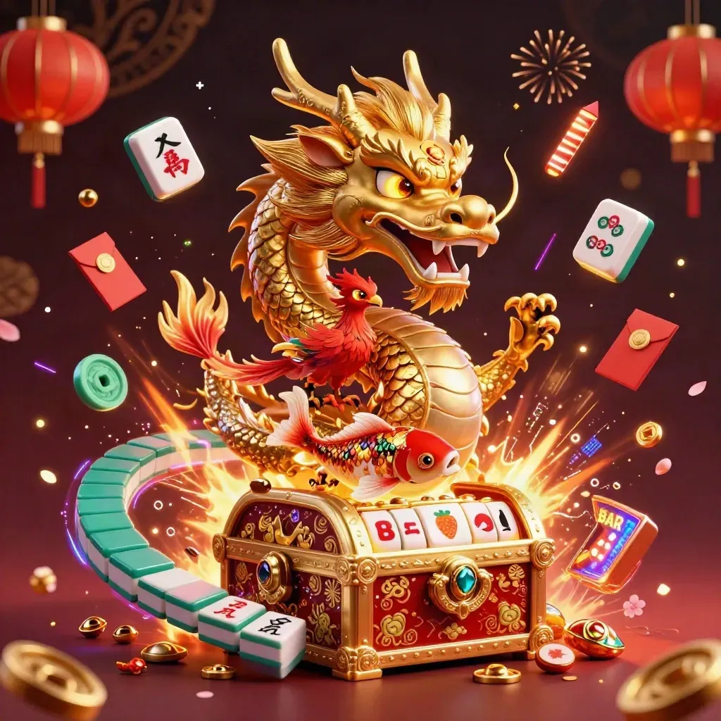Golden dragon, phoenix, and koi burst through casino treasure amid neon desert riches.