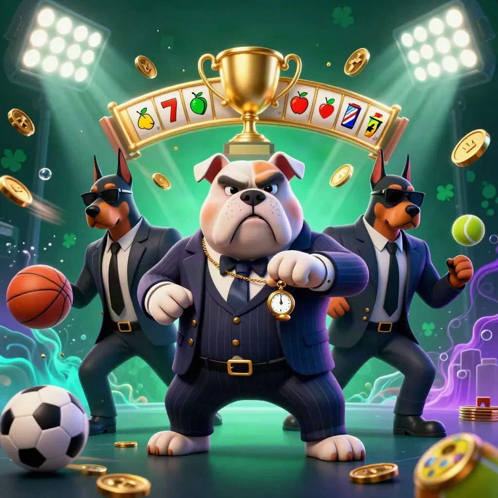 Bulldog boss and Doberman guards burst through coins, balls, and teal casino neon.