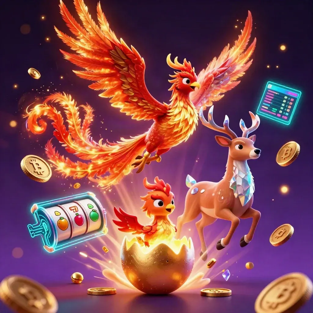 Fire phoenix, hatching baby, and crystal-antlered stag with neon casino coins and lightning