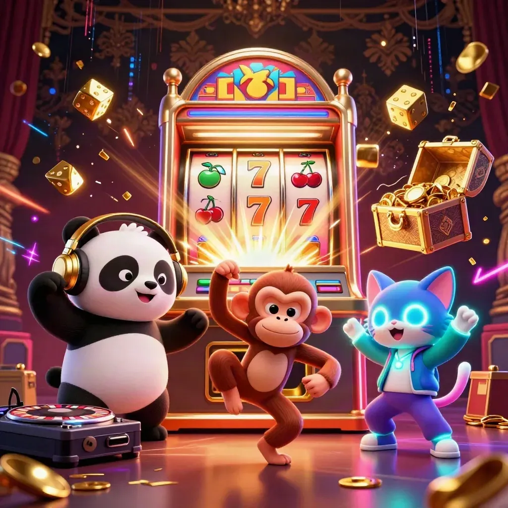 DJ panda, monkey, and rave kitten amid bursting casino loot and neon effects.