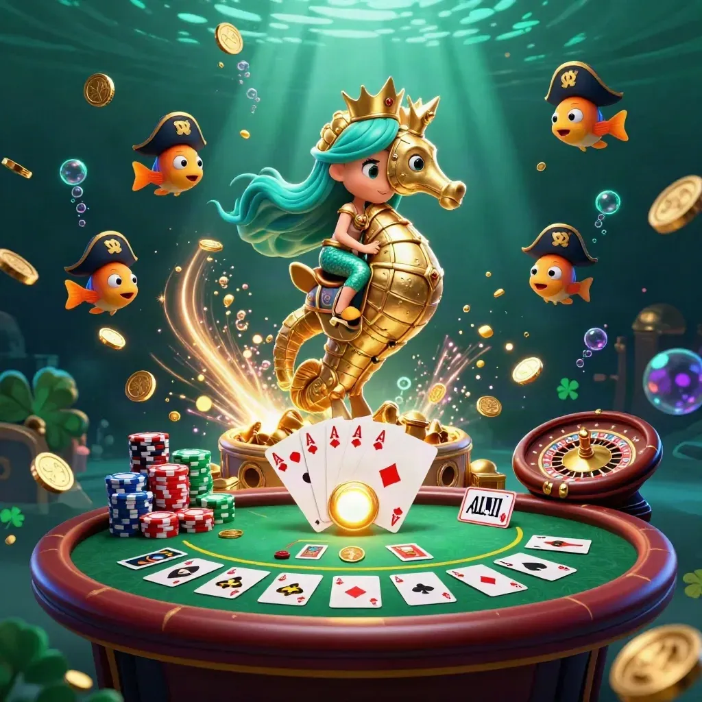 Mermaid princess on a golden seahorse amid coins, cards, chips, and fireworks in a casino glow.