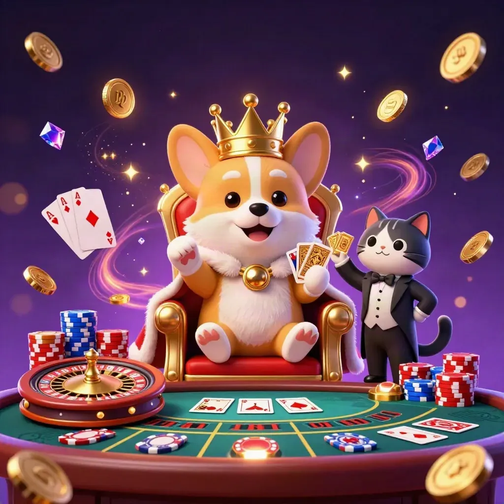 Royal corgi and cat butler amid exploding coins, cards, chips, roulette, fireworks, and desert casino glow.