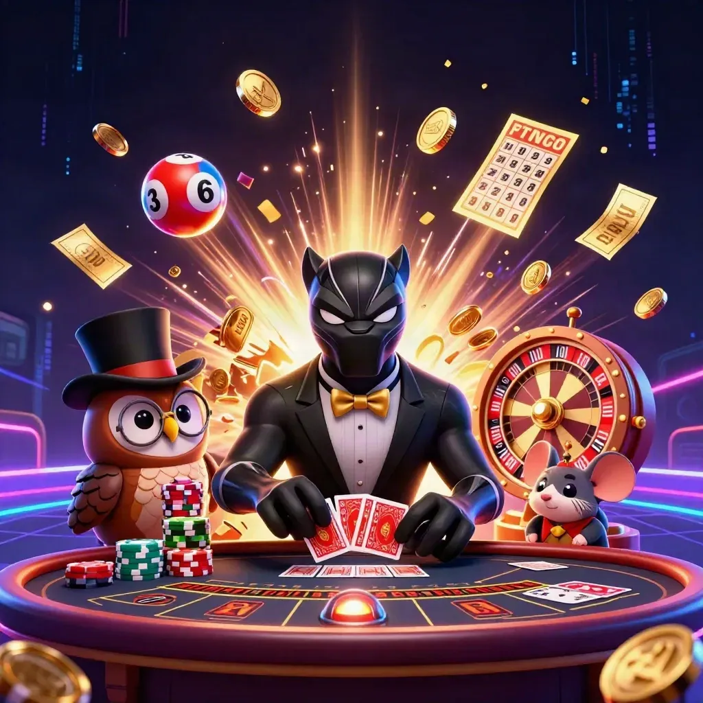 Panther, owl, and mouse celebrate a neon casino windfall with coins, fireworks, and glowing chips.