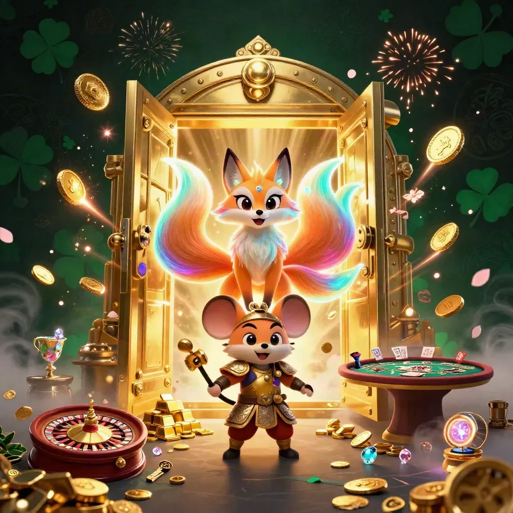 Neon fox spirit and samurai mouse amid vault gold, cards, roulette, petals, and fireworks