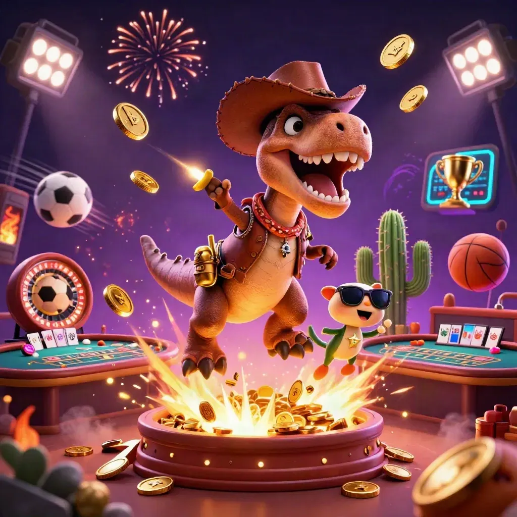 3D cowboy T-Rex, cactus, and roadrunner amid coins, vault burst, roulette spin, and fireworks