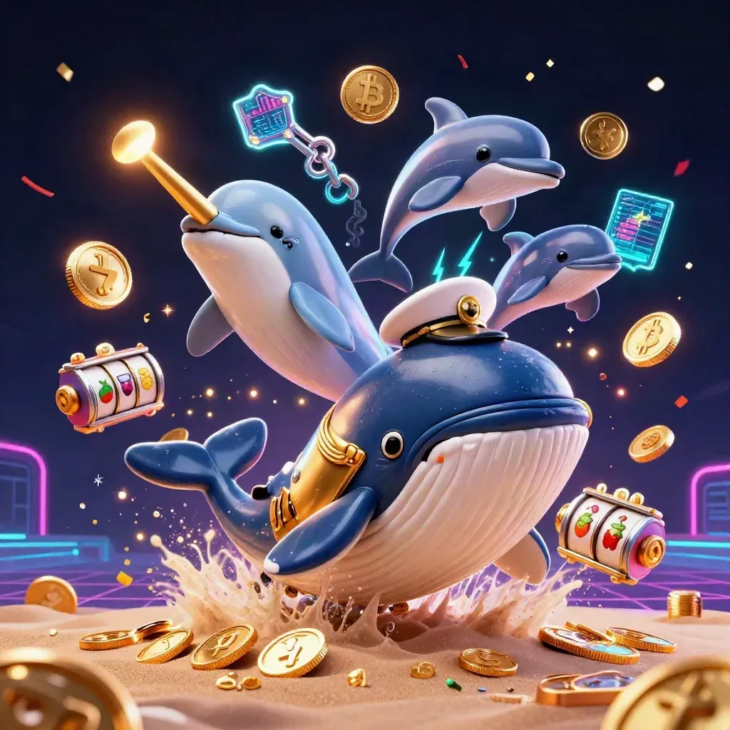 Cartoon whale captain, narwhal, and dolphins amid coins, neon crypto icons, and desert-casino glow.