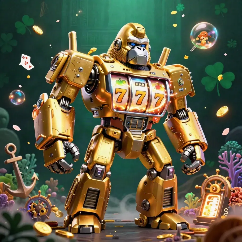 Golden gorilla mech casino hero with tiny monkey pilot amid coins, coral, cards and glowing reels.