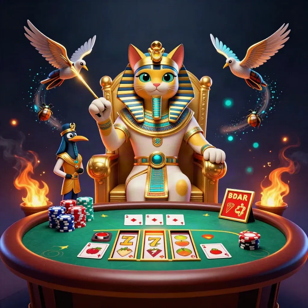 Pharaoh cat on golden throne with ibis scribe, scarabs, poker chips, and slot reels in neon desert light.