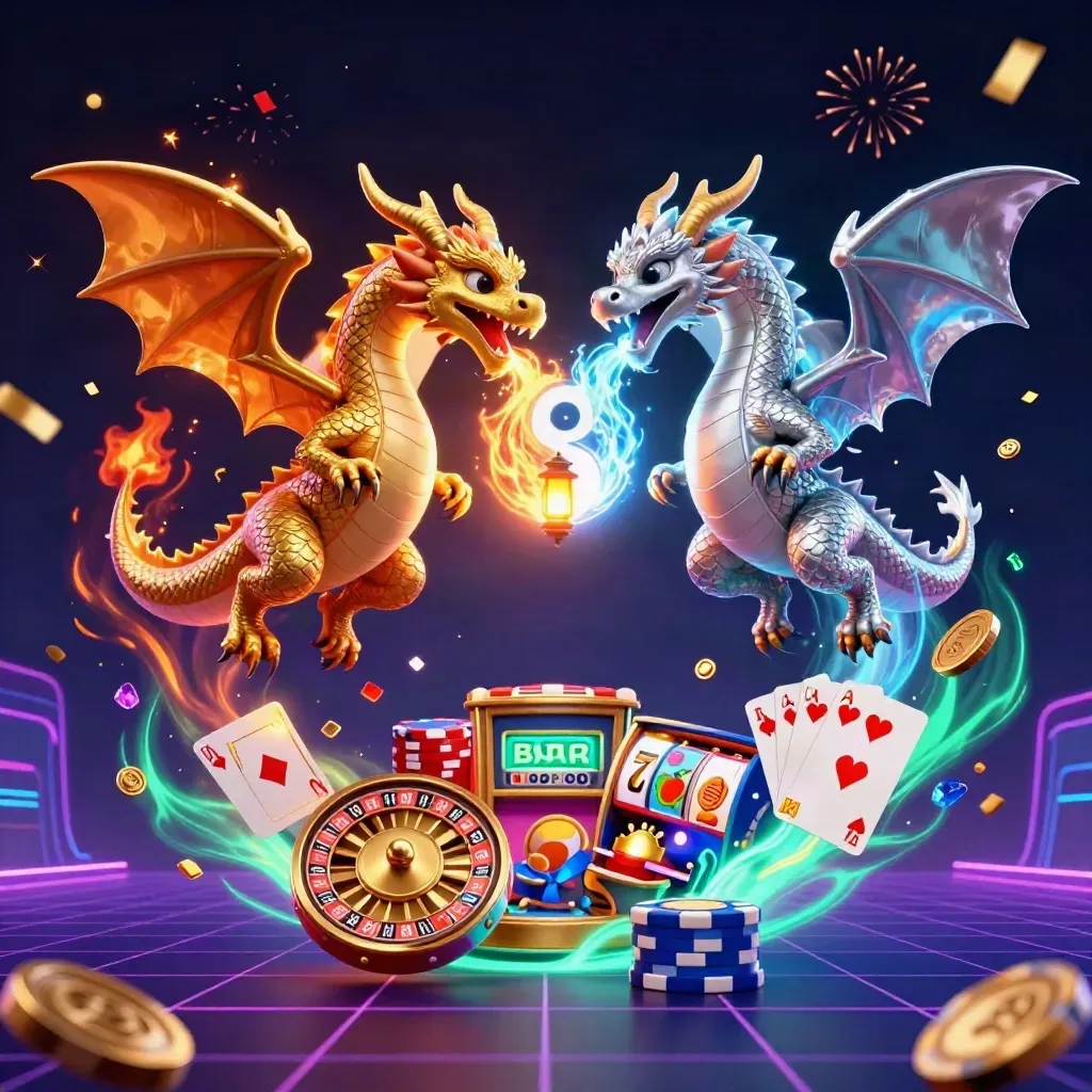 Gold and silver dragons spiral in neon casino magic amid coins, chips, cards, and roulette glow.