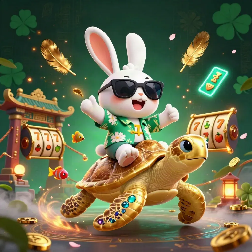 Rabbit rider on a golden sea turtle amid casino symbols, fish, runes, and teal-lit desert glow.