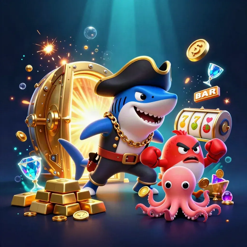 Pirate shark, pufferfish, and octopus amid casino gold and glowing treasure in a dark neon sea.