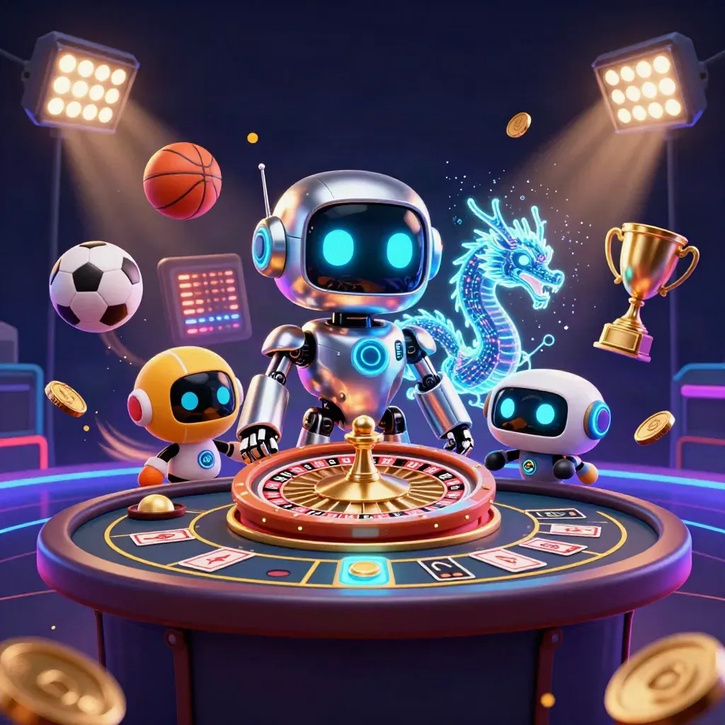 Cyberpunk robot, AI dragon and coin drone amid roulette, balls, gold and neon desert casino glow.