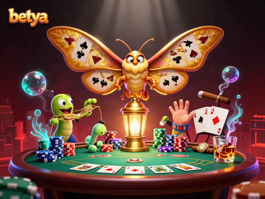 Experience thrilling gameplay at betya casino with a vibrant illustration of a moth and poker elements.