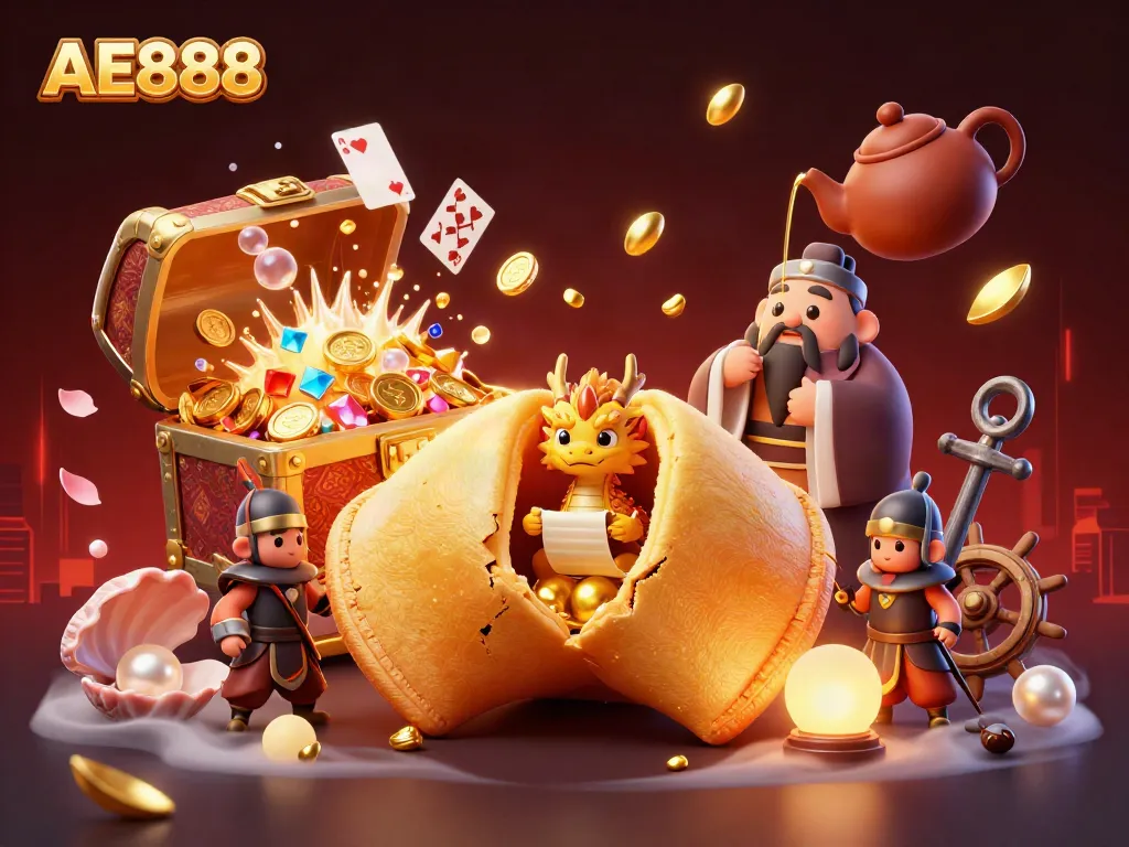 Engage with AE888 through a vibrant 3D illustration showcasing animated characters and casino-themed treasures.