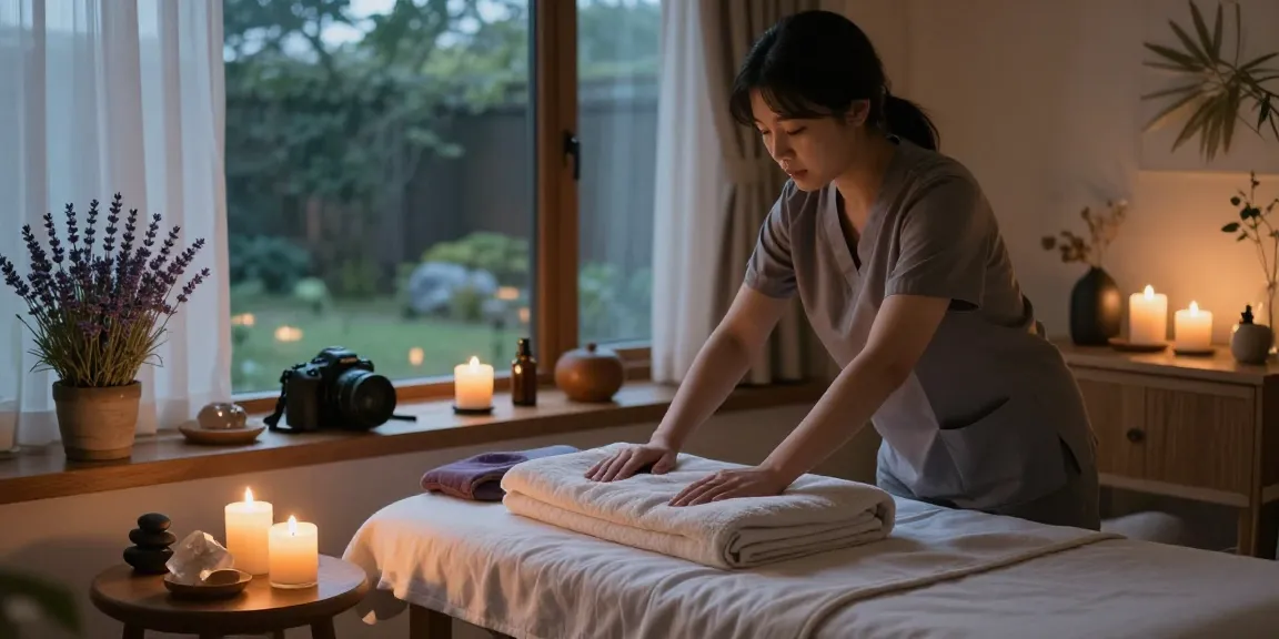 Relaxation space showcasing 성북구출장마사지 with candles, essential oils, and tranquil ambiance.