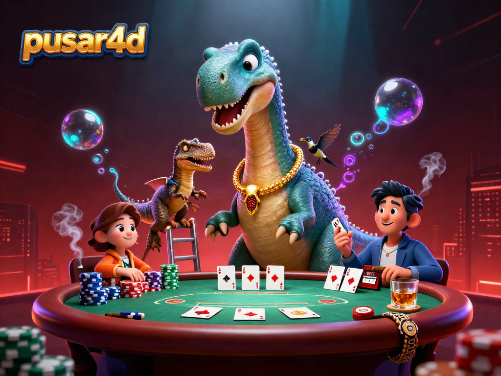 Menang di pusar4d dengan strategi poker yang brilian, menampilkan dinosaur dan kartu bermain.