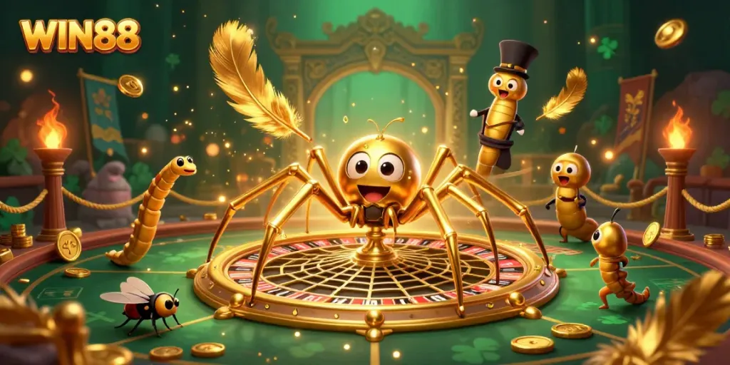 WIN88 casino scene featuring a spider and croupier in a roulette-themed web.