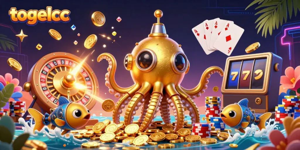 Experience the excitement of togelcc with a golden kraken submarine and dynamic casino elements.