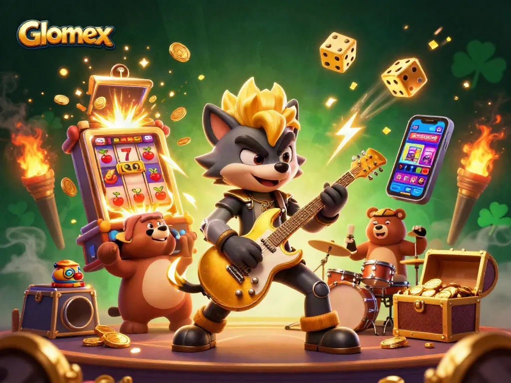 Glomex captivates players with thrilling casino action showcased by animated characters and slot machines.