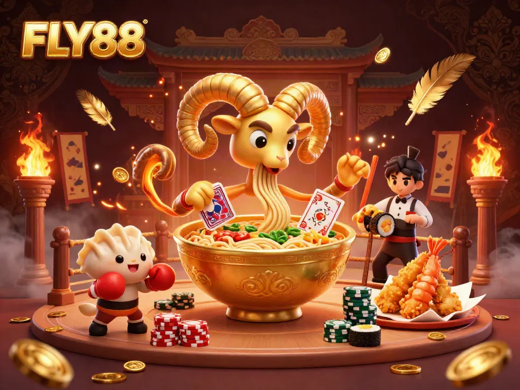 FLY88 features a cartoon ramen bowl character dealing cards in a vibrant casino scene with gold particles.