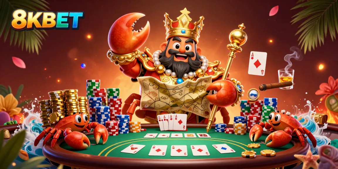 Join the 8KBET emperor in a vibrant casino scene featuring poker, treasure, and excitement.