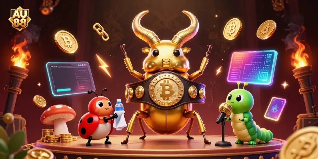 Engage in exciting online gaming with AU 88, featuring vibrant characters and crypto elements.