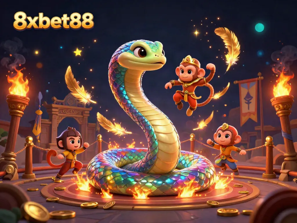 Experience the thrill of 8xbet88 betting with a vibrant 3D illustration depicting rainbow serpent and monkey king in an energetic casino scene.