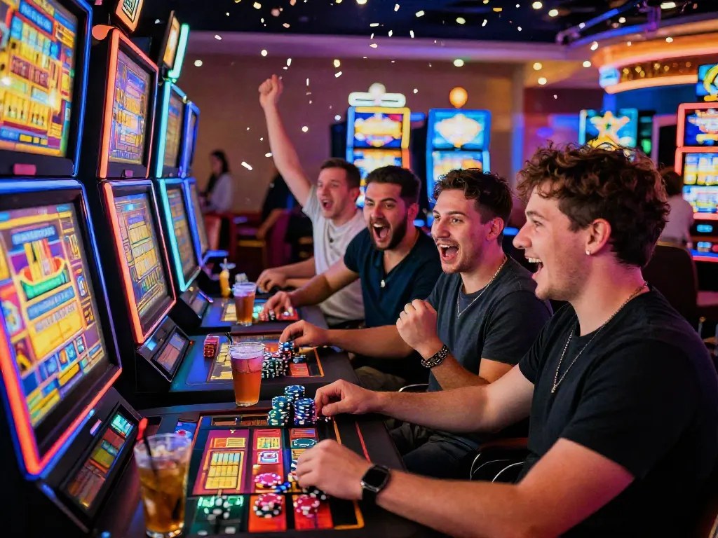 Players enjoying the luxury12 slot games in a vibrant casino atmosphere, showcasing excitement and camaraderie.
