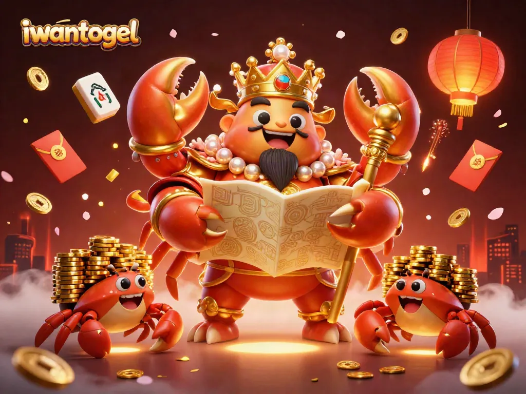 Win big with iwantogel in an exciting 3D illustration of a golden crab emperor and casino elements.
