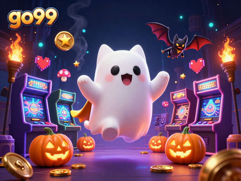Engage in thrilling games at go99 with a playful ghost cat and casino elements in a mystical scene.