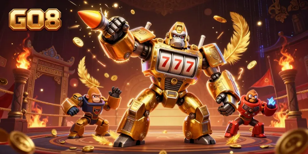 Experience thrilling action with GO8's golden gorilla mech in an explosive casino setting.