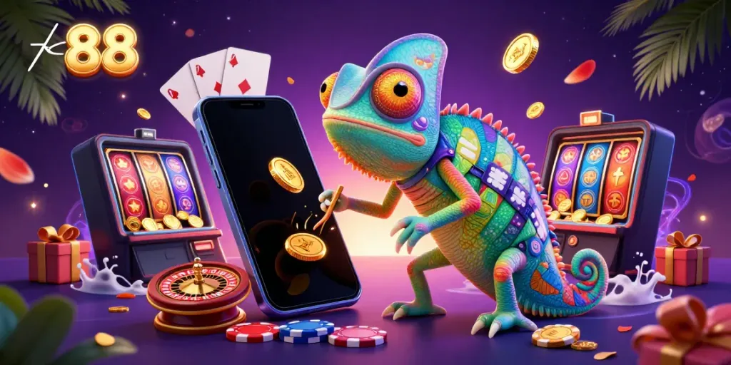 Experience exciting gaming at tk 88 with a vibrant scene of a chameleon casino owner and dynamic slot elements.