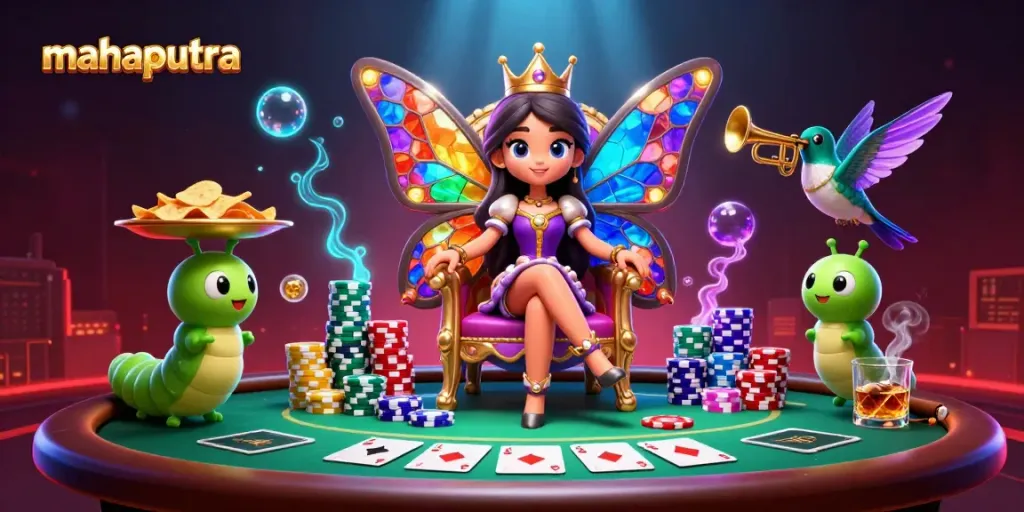 Mahaputra menampilkan ratu kupu-kupu yang duduk di tahta permainan poker yang megah.
