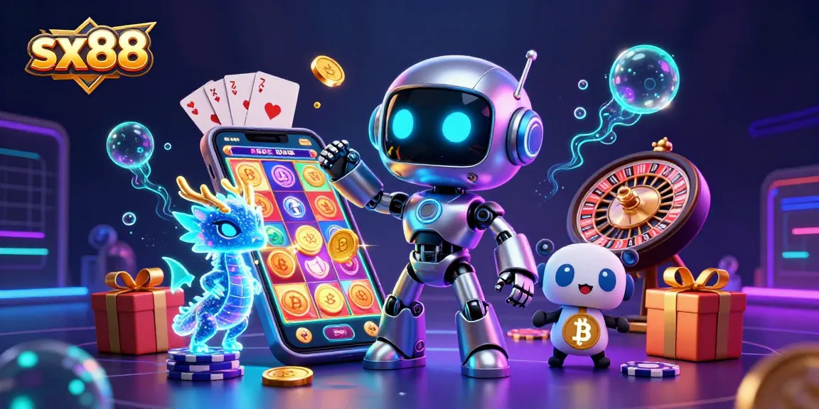 Play exciting slots and games at sx88 with a cyberpunk robot and holographic dragon.