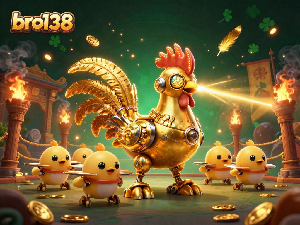 bro138 game's action scene featuring a golden rooster robot and baby chick drones amidst vibrant gambling elements.