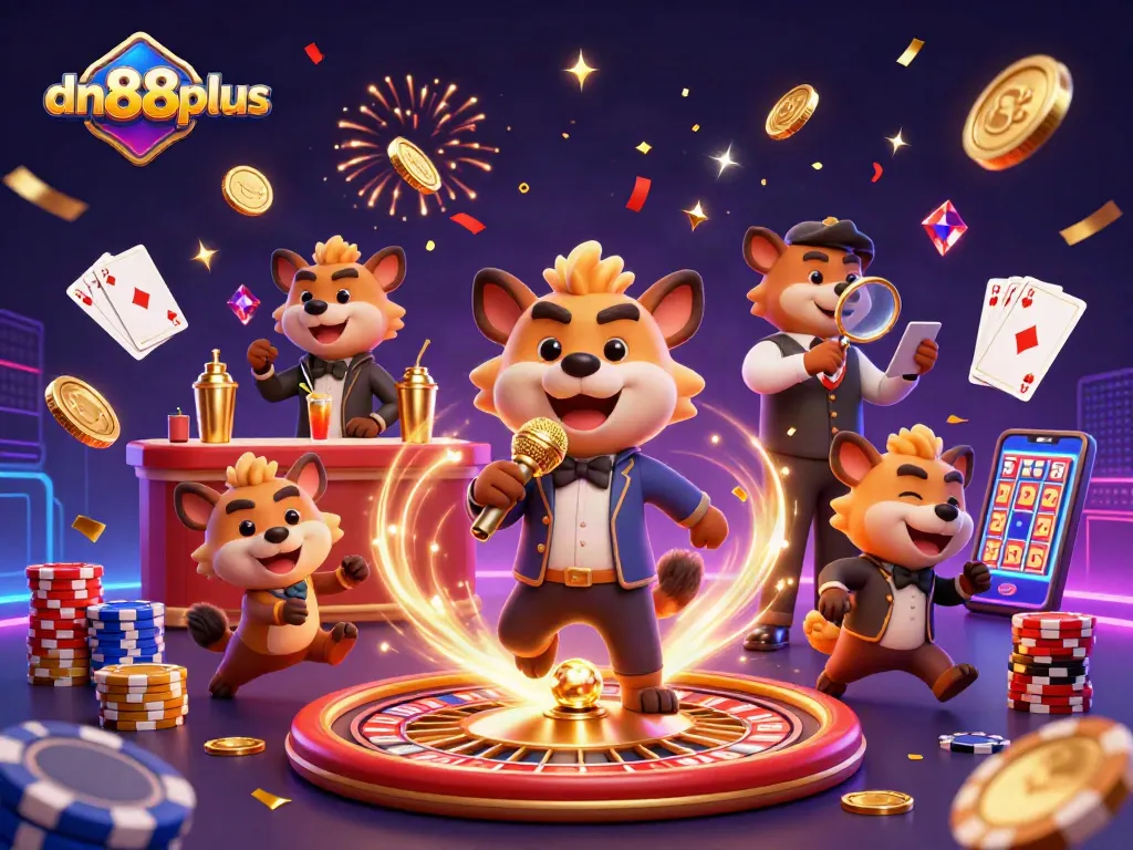Enter the lively world of dn88plus as hyenas entertain in a vibrant casino with sparkling gems and coins.
